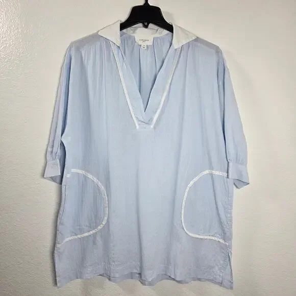 Pomander Place "Lizzie" Sky Blue Coverup Dress, Med Cotton, V-Neck tunic - Picture 2 of 10